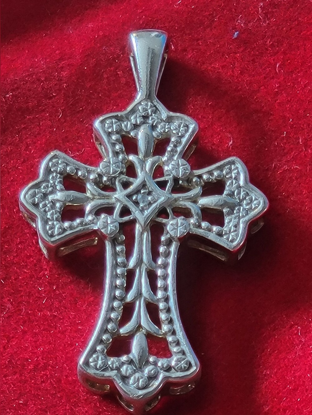 Vtg Jcm .925 Sterling Silver Filigree Cross Pendant Natural Diamond Accent